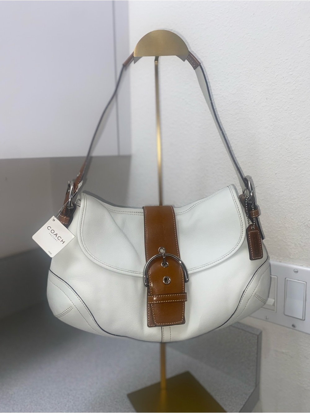 Vintage Coach SoHo Flap Leather Shoulder Bag White Saddle #9248 NWT COA